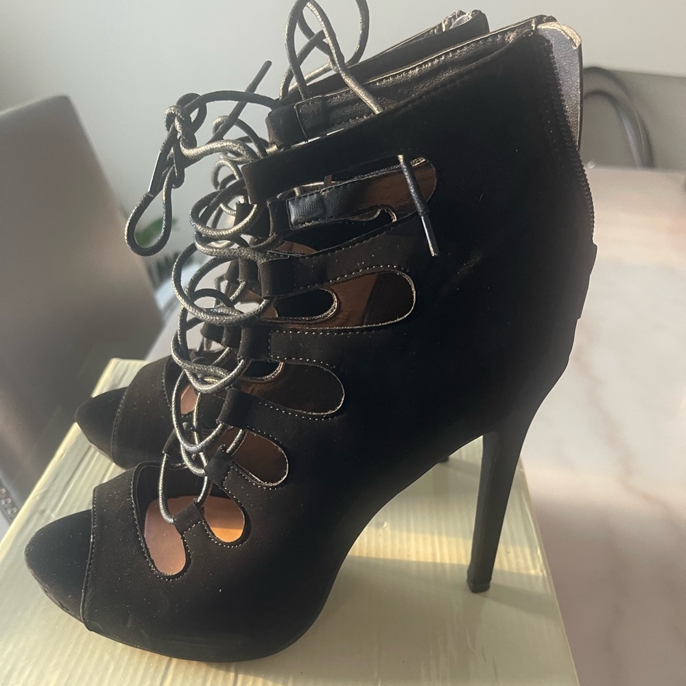 Glaze Black Lace-Up Stiletto Heels